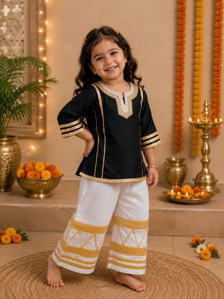 Exquisite Black Kids Girls Cotton Blend Palazzo Outfit with Gota Work at Factory Price Kurtis
