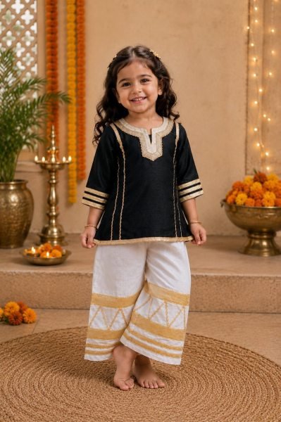 Exquisite Black Kids Girls Cotton Blend Palazzo Outfit with Gota Work at Factory Price Girls Wear