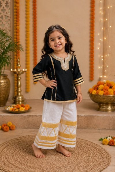 Exquisite Black Kids Girls Cotton Blend Palazzo Outfit with Gota Work at Factory Price Girls Wear
