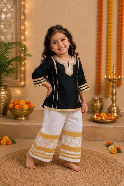 Exquisite Black Kids Girls Cotton Blend Palazzo Outfit with Gota Work at Factory Price Girls Wear