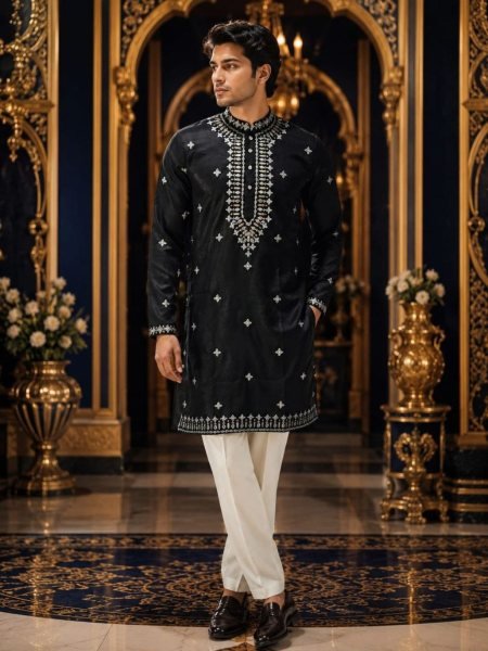 Exquisite Black Men Pure Silk Kurta with All Over Embroidery for Festive Celebrations Mens Wear