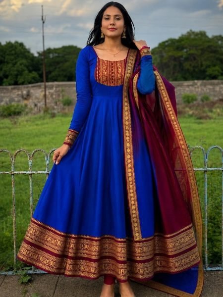 Exquisite Blue Chanderi Cotton Gown with Matching Border Dupatta at Factory Price Kurtis