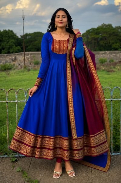 Exquisite Blue Chanderi Cotton Gown with Matching Border Dupatta at Factory Price Anarkali Kurtis 
