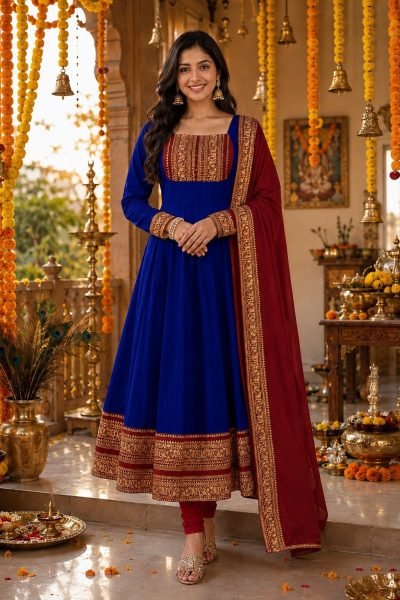 Exquisite Blue Chanderi Cotton Gown with Matching Border Dupatta at Factory Price Anarkali Kurtis 