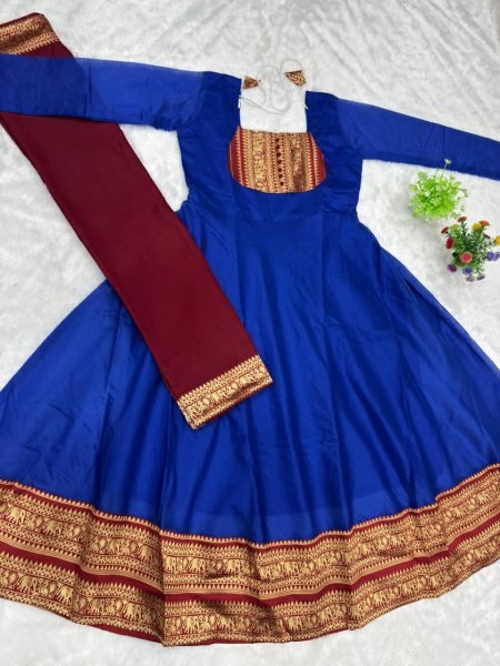 Exquisite Blue Chanderi Cotton Gown with Matching Border Dupatta at Factory Price Anarkali Kurtis 