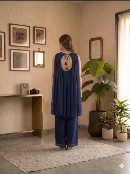 Exquisite Blue Designer Indo Western Palazzo Set with Embroidery Work Ready To Wear Collection