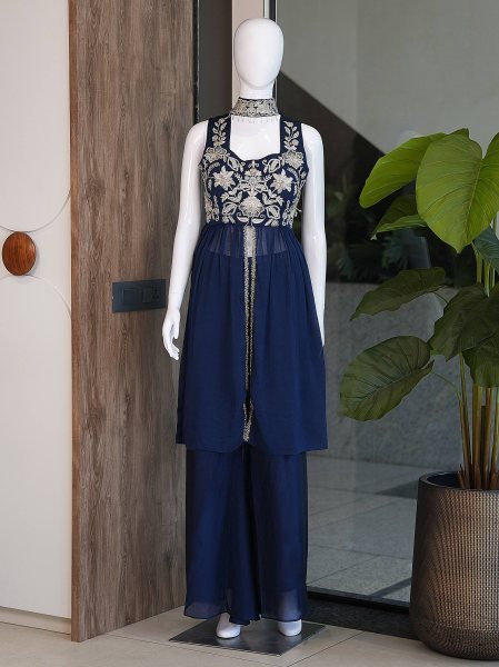 Exquisite Blue Designer Indo Western Palazzo Set with Embroidery Work Ready To Wear Collection