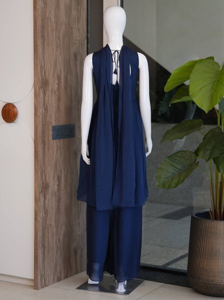 Exquisite Blue Designer Indo Western Palazzo Set with Embroidery Work Ready To Wear Collection
