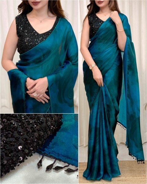 Exquisite Blue Designer Satin Saree with Floral 3D Print and Beaded Latkan for Wedding Designer Wedding Sarees Wholesale