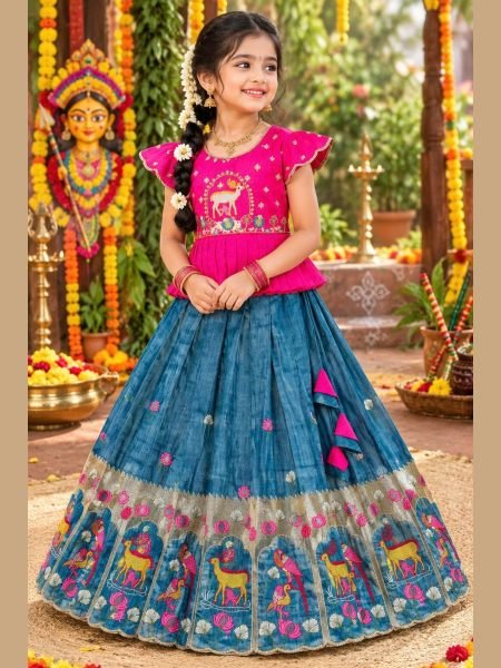 Exquisite Blue Girls Festive Wear Vichitra Silk Peplum Lehenga Set For Festival Kurtis