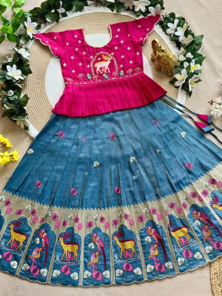 Exquisite Blue Girls Festive Wear Vichitra Silk Peplum Lehenga Set For Festival Girls Wear