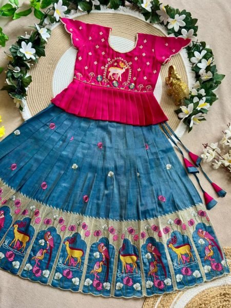 Exquisite Blue Girls Festive Wear Vichitra Silk Peplum Lehenga Set For Festival Girls Wear