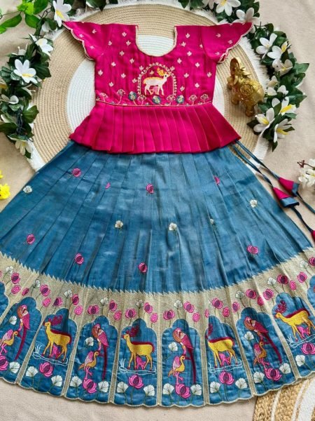 Exquisite Blue Girls Festive Wear Vichitra Silk Peplum Lehenga Set For Festival Girls Wear