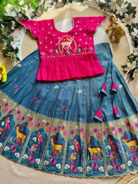 Exquisite Blue Girls Festive Wear Vichitra Silk Peplum Lehenga Set For Festival Girls Wear