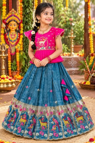 Exquisite Blue Girls Festive Wear Vichitra Silk Peplum Lehenga Set For Festival Girls Wear