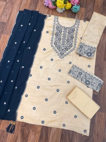 Exquisite Blue Khadi Cotton Suit Set with Sequins Embroidery and Dupatta Churidar Salwar Suits Wholesale