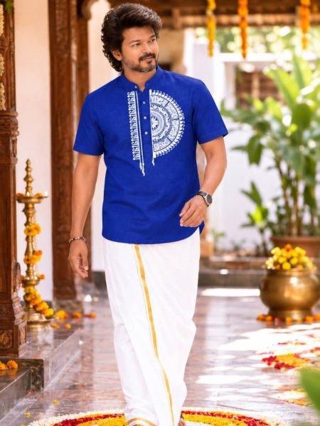 Exquisite Blue Premium Printed Magic Cotton Jippa Shirt with Matching Dhoti Mens Wear