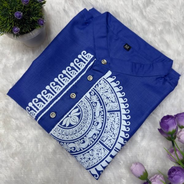 Exquisite Blue Premium Printed Magic Cotton Jippa Shirt with Matching Dhoti Mens Shirt