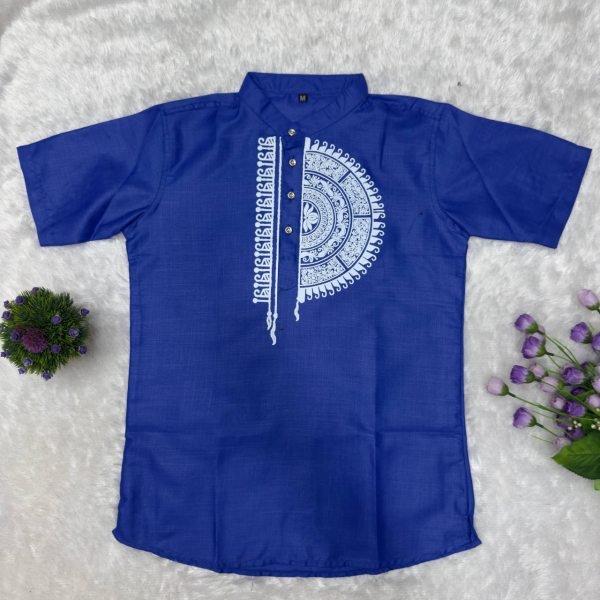 Exquisite Blue Premium Printed Magic Cotton Jippa Shirt with Matching Dhoti Mens Shirt