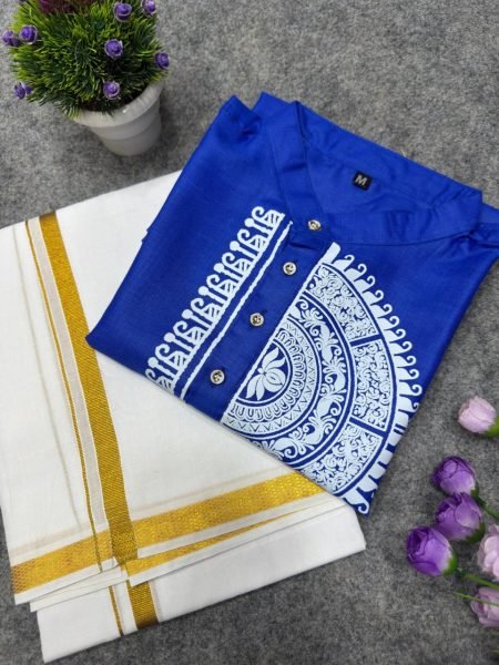 Exquisite Blue Premium Printed Magic Cotton Jippa Shirt with Matching Dhoti Mens Shirt
