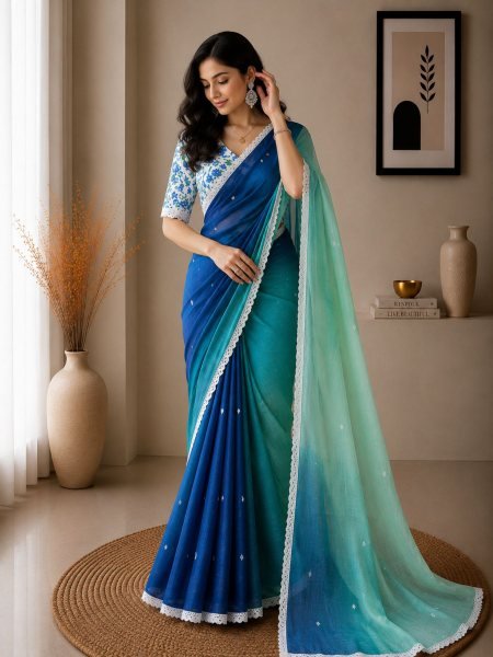 Exquisite Blue Shard Soft Peding Linen Summer Printed Saree with Running Blouse 
