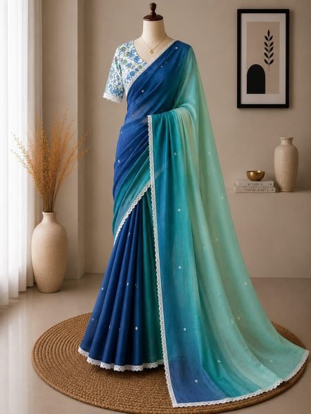 Exquisite Blue Shard Soft Peding Linen Summer Printed Saree with Running Blouse Embroidery Sarees Wholesale