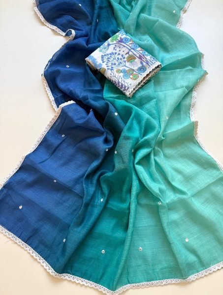 Exquisite Blue Shard Soft Peding Linen Summer Printed Saree with Running Blouse Embroidery Sarees Wholesale