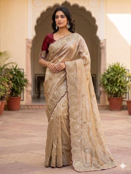 Exquisite Cream Ethnic Designer Saree with Embroidered Blouse for Boutique Collection Sarees 