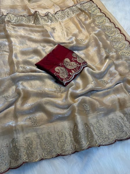 Exquisite Cream Ethnic Designer Saree with Embroidered Blouse for Boutique Collection Embroidery Sarees Wholesale
