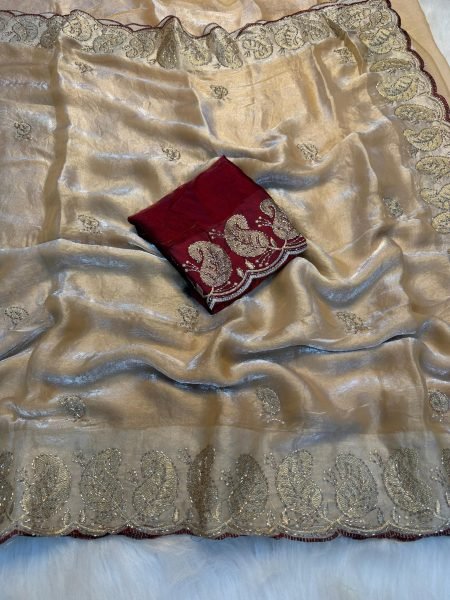 Exquisite Cream Ethnic Designer Saree with Embroidered Blouse for Boutique Collection Embroidery Sarees Wholesale