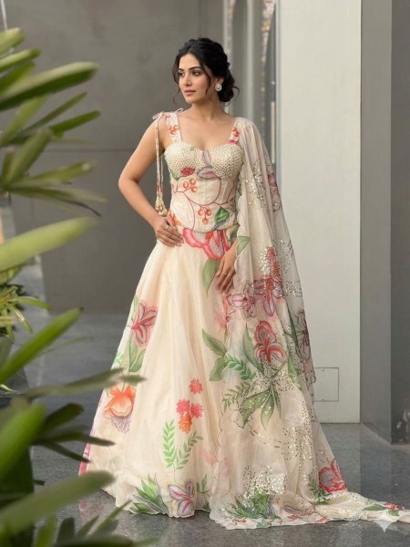 Exquisite Cream Jimmy Organza Corset Lehenga with 8 Meter Flair for Party Wear  Lehenga