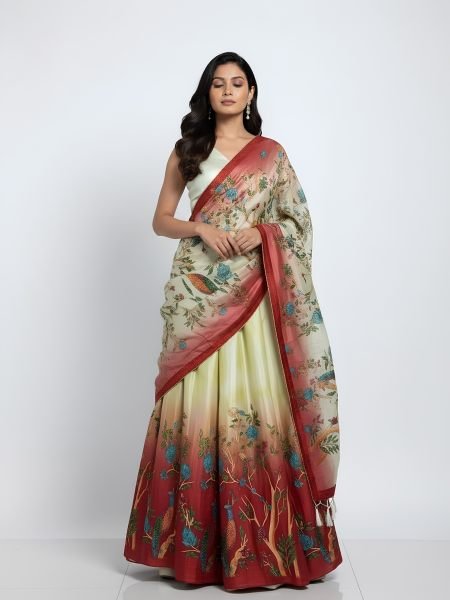 Exquisite Cream Maroon Dola Silk Digital Print Lehenga Choli Set For Navrati At Wholesale Rate  Lehenga