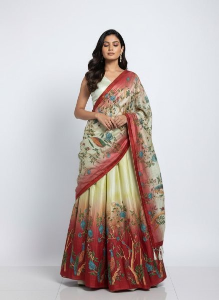 Exquisite Cream Maroon Dola Silk Digital Print Lehenga Choli Set For Navrati At Wholesale Rate Designer Lehenga Choli