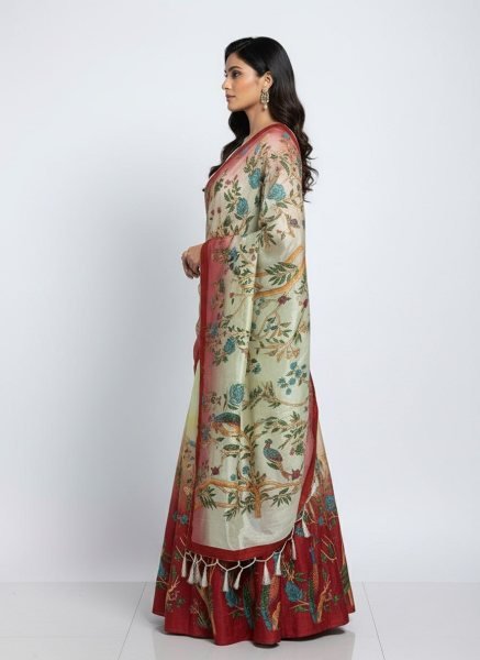 Exquisite Cream Maroon Dola Silk Digital Print Lehenga Choli Set For Navrati At Wholesale Rate Designer Lehenga Choli
