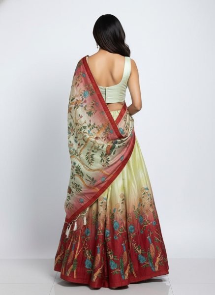 Exquisite Cream Maroon Dola Silk Digital Print Lehenga Choli Set For Navrati At Wholesale Rate Designer Lehenga Choli