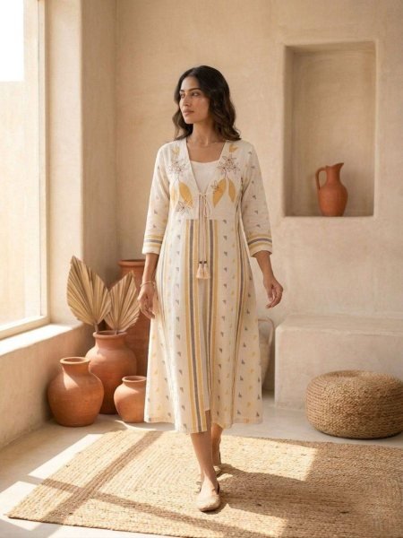 Exquisite Cream Pure Cotton Kurta Jacket Set with Botanical Embroidery Work Kurtis