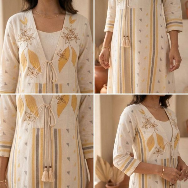 Exquisite Cream Pure Cotton Kurta Jacket Set with Botanical Embroidery Work Western Ladies Top Wholesale