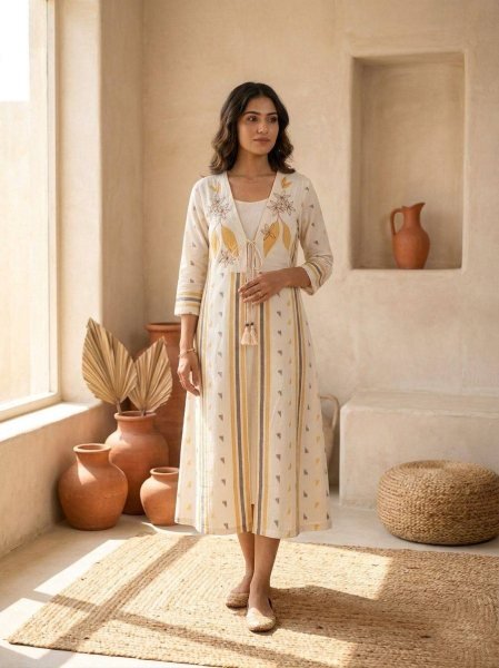 Exquisite Cream Pure Cotton Kurta Jacket Set with Botanical Embroidery Work Western Ladies Top Wholesale