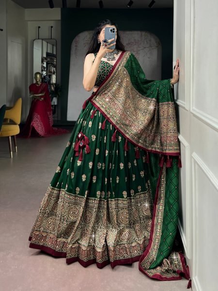 Exquisite Dark Green Tasar Silk Navratri Lehenga Choli with Ajrak Print Work For Functions Navratri Lehnega Choli