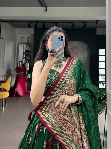 Exquisite Dark Green Tasar Silk Navratri Lehenga Choli with Ajrak Print Work For Functions Navratri Lehnega Choli