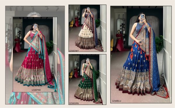 Exquisite Dark Green Tasar Silk Navratri Lehenga Choli with Ajrak Print Work For Functions Navratri Lehnega Choli