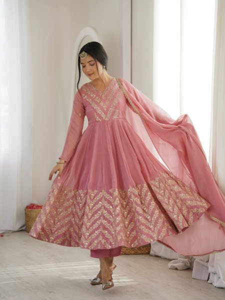 Exquisite Dusty Pink Crunchy Silk Anarkali Gown Pant Set with Lace Border Dupatta Using Embroidered Work Ready To Wear Suit