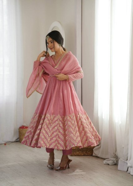 Exquisite Dusty Pink Crunchy Silk Anarkali Gown Pant Set with Lace Border Dupatta Using Embroidered Work Ready To Wear Collection