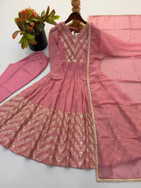 Exquisite Dusty Pink Crunchy Silk Anarkali Gown Pant Set with Lace Border Dupatta Using Embroidered Work Ready To Wear Collection