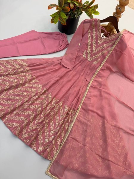 Exquisite Dusty Pink Crunchy Silk Anarkali Gown Pant Set with Lace Border Dupatta Using Embroidered Work Ready To Wear Collection