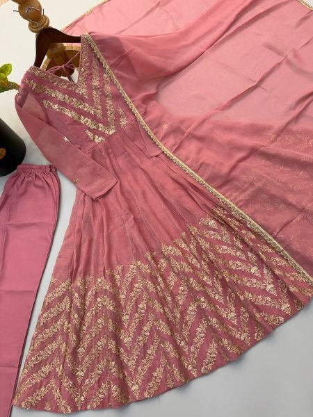 Exquisite Dusty Pink Crunchy Silk Anarkali Gown Pant Set with Lace Border Dupatta Using Embroidered Work Ready To Wear Collection