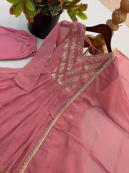 Exquisite Dusty Pink Crunchy Silk Anarkali Gown Pant Set with Lace Border Dupatta Using Embroidered Work Ready To Wear Collection