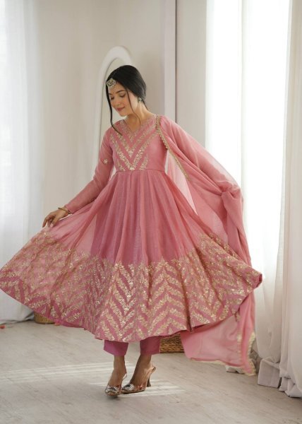 Exquisite Dusty Pink Crunchy Silk Anarkali Gown Pant Set with Lace Border Dupatta Using Embroidered Work Ready To Wear Collection