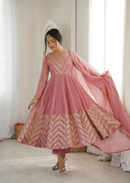 Exquisite Dusty Pink Crunchy Silk Anarkali Gown Pant Set with Lace Border Dupatta Using Embroidered Work Ready To Wear Collection