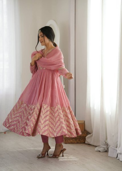 Exquisite Dusty Pink Crunchy Silk Anarkali Gown Pant Set with Lace Border Dupatta Using Embroidered Work Ready To Wear Collection